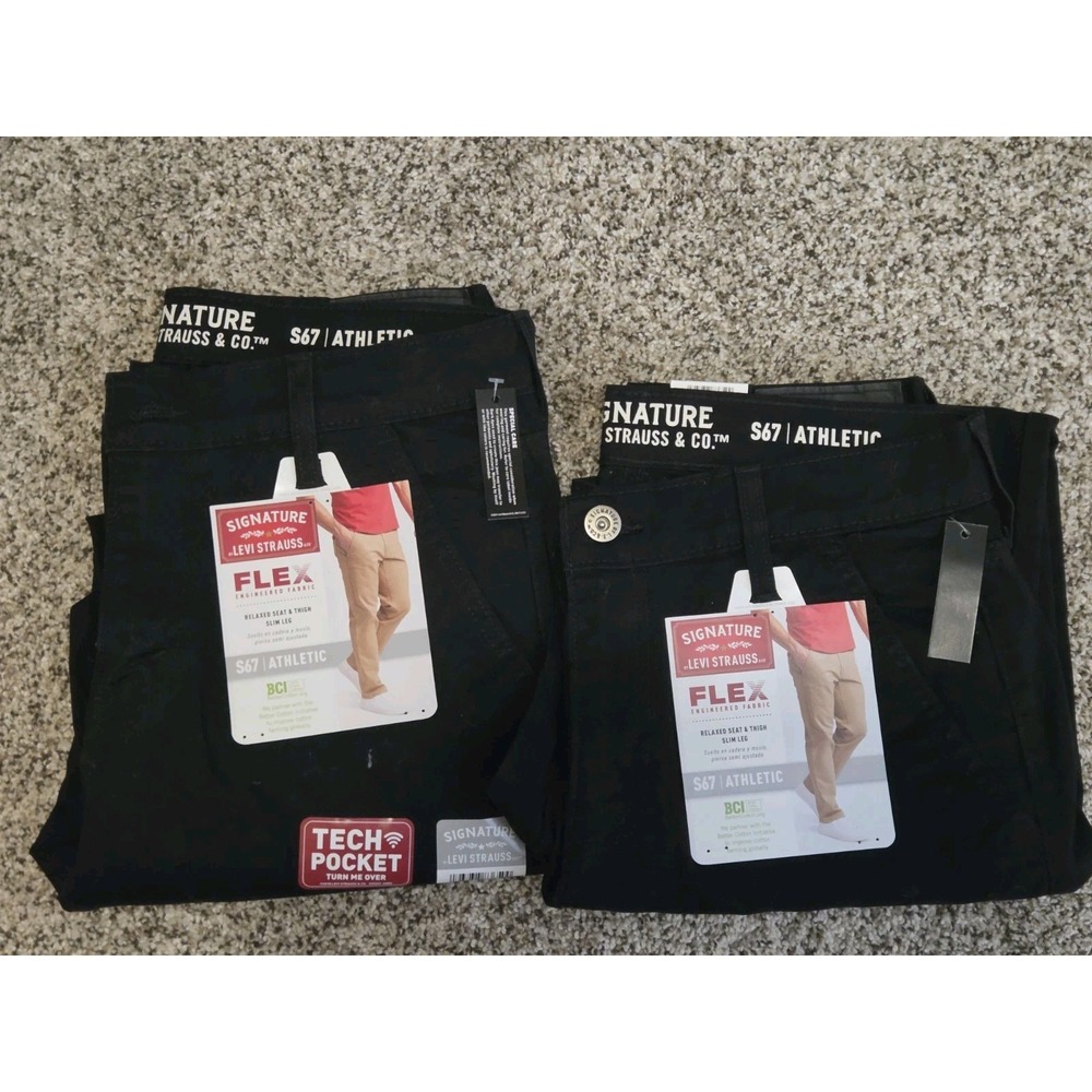 2 Pairs Signature by Levi Strauss S67 Athletic Fit Flex Pants Black Mens